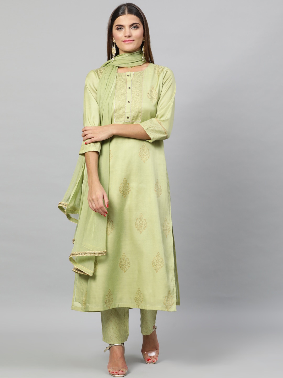 

STREET 9 Women Green Yoke Design Kurta with Trousers & Dupatta