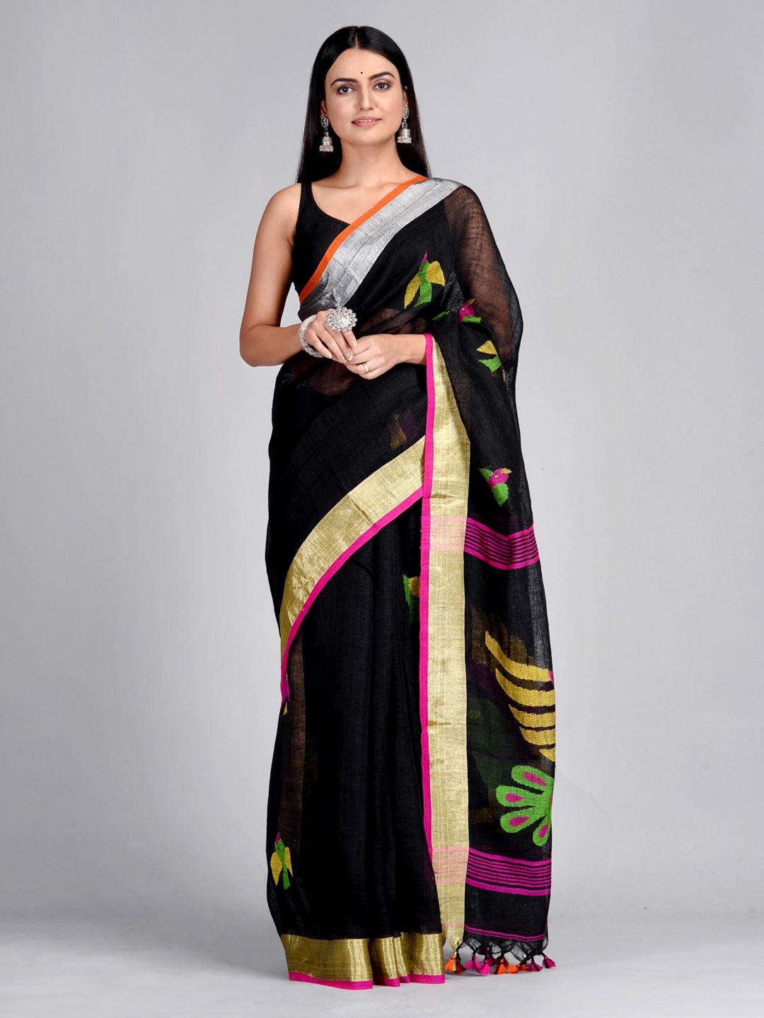 

Mitera Black & Gold-Toned Pure Linen Printed Taant Saree