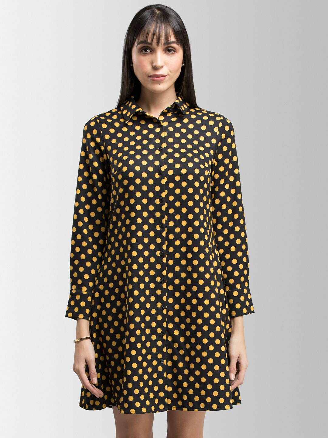 

FableStreet Women Black & Yellow Printed Shirt Dress