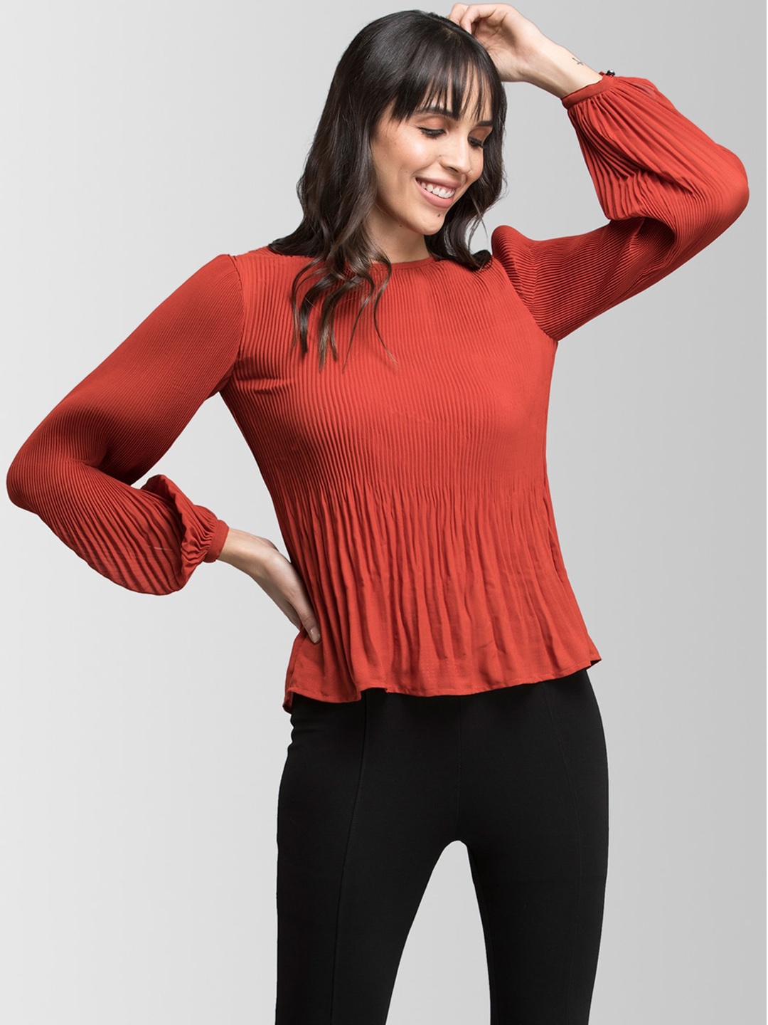 

FableStreet Women Rust Red Self Design Top