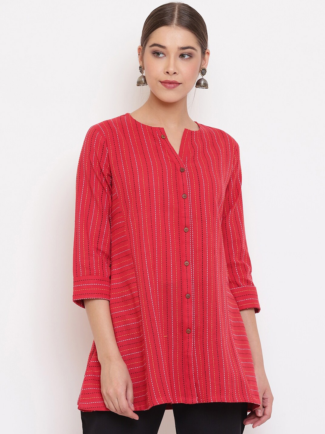 

Janasya Striped Shirt Style Pure Cotton Top, Red