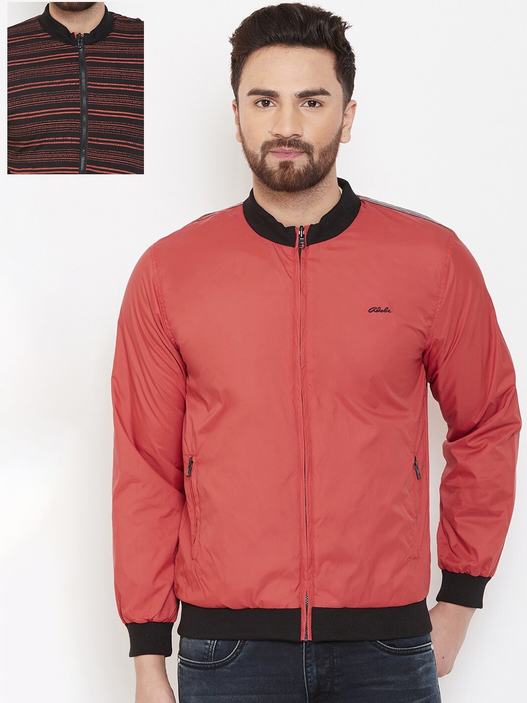 

Adobe Men Coral Pink & Black Solid Reversible Bomber Jacket