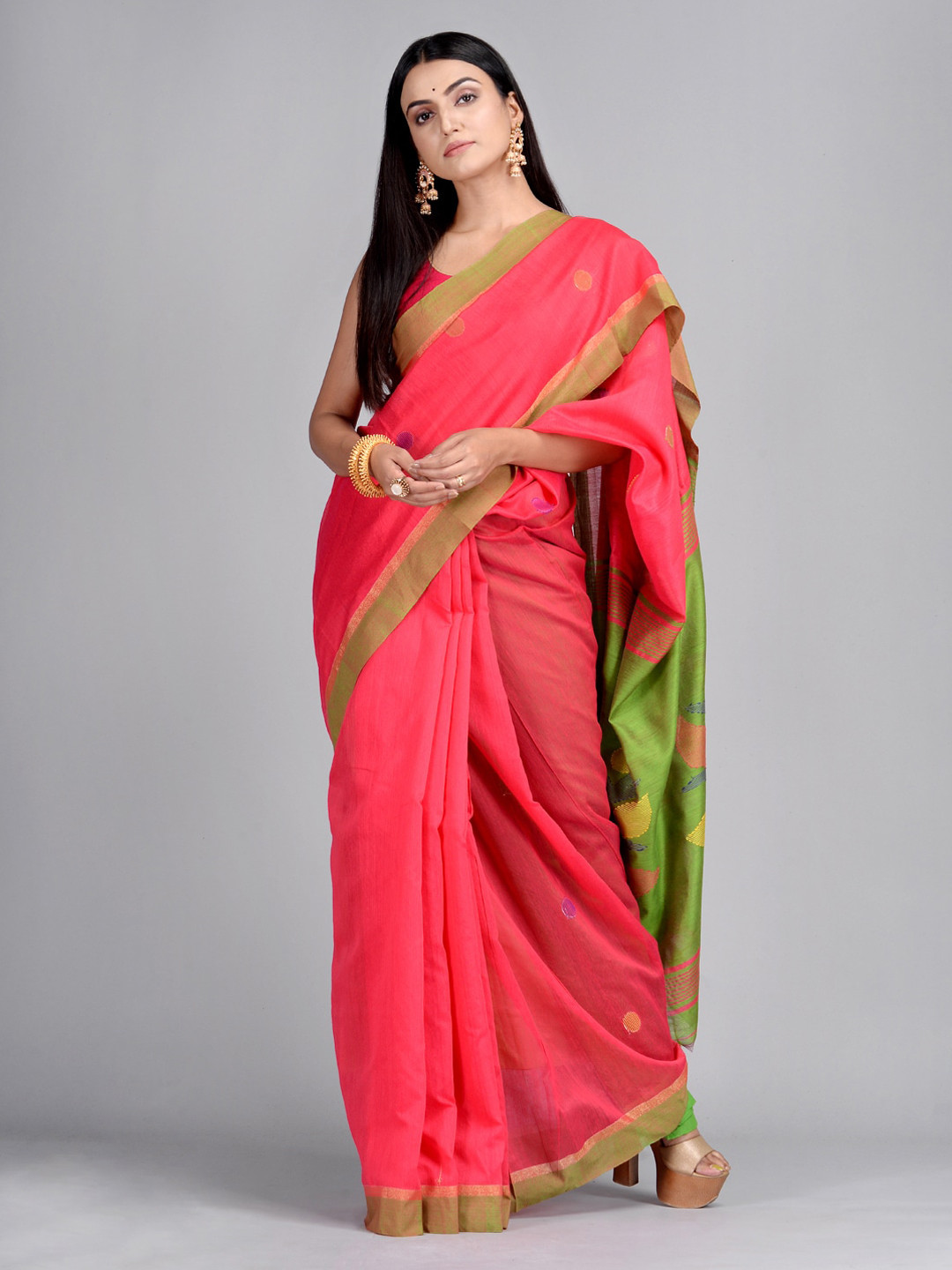 

Mitera Pink & Green Cotton Blend Woven Design Taant Saree