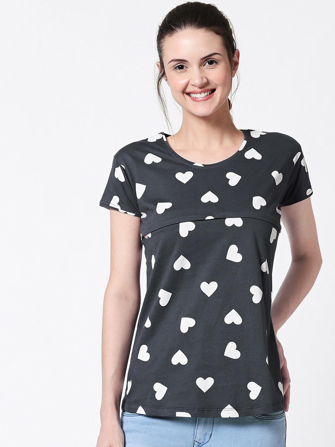 

Zeyo Women Grey Printed Nursing & Feeding Pure Cotton Top