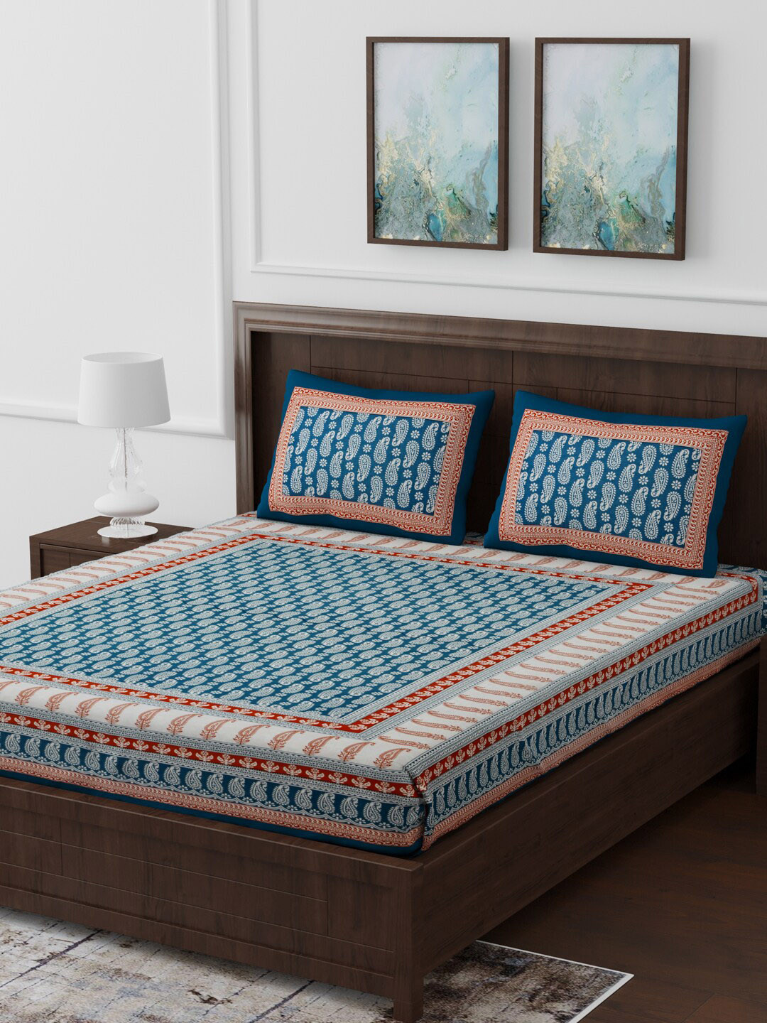 

Gulaab Jaipur Blue & White Paisley Print Border Light Double Bedsheet With 2 Pillow Covers
