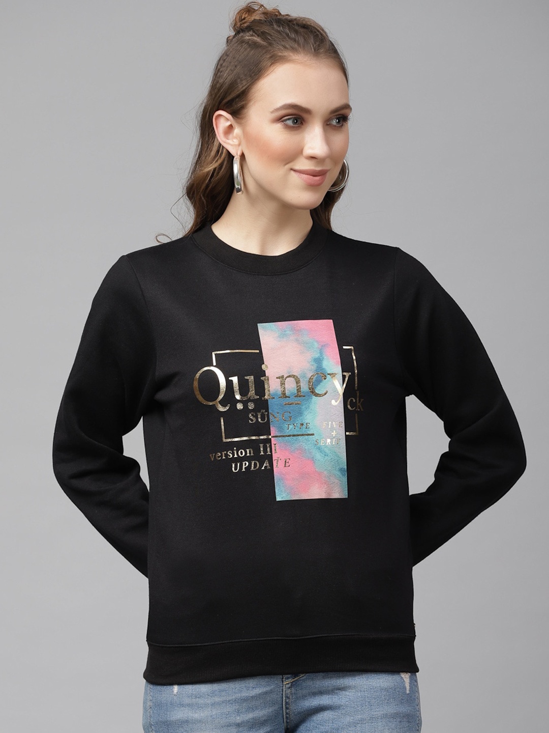 

KASSUALLY Women Black Printed Sweatshirt