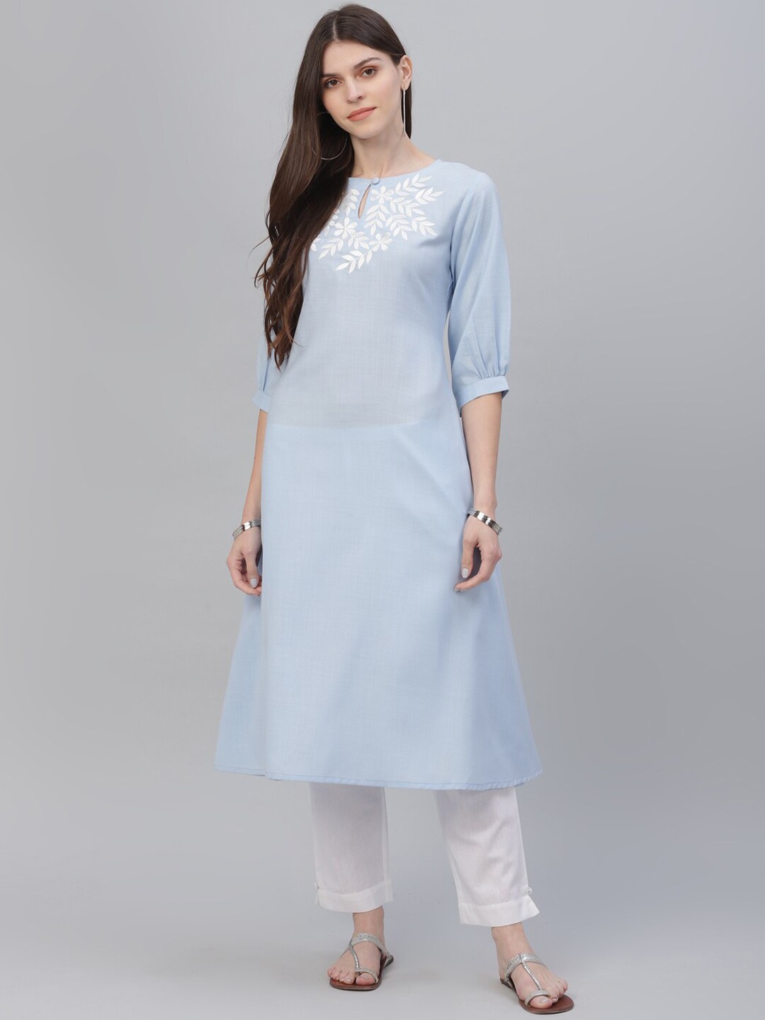 

Gerua By Libas Women Blue White Yoke Design Kurta with Trousers