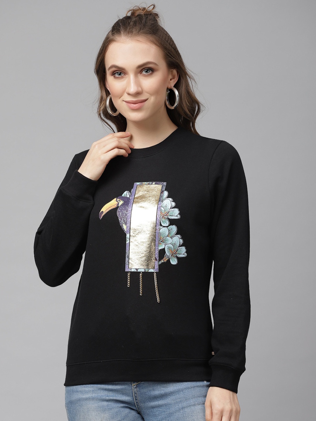 

KASSUALLY Women Black Printed Sweatshirt