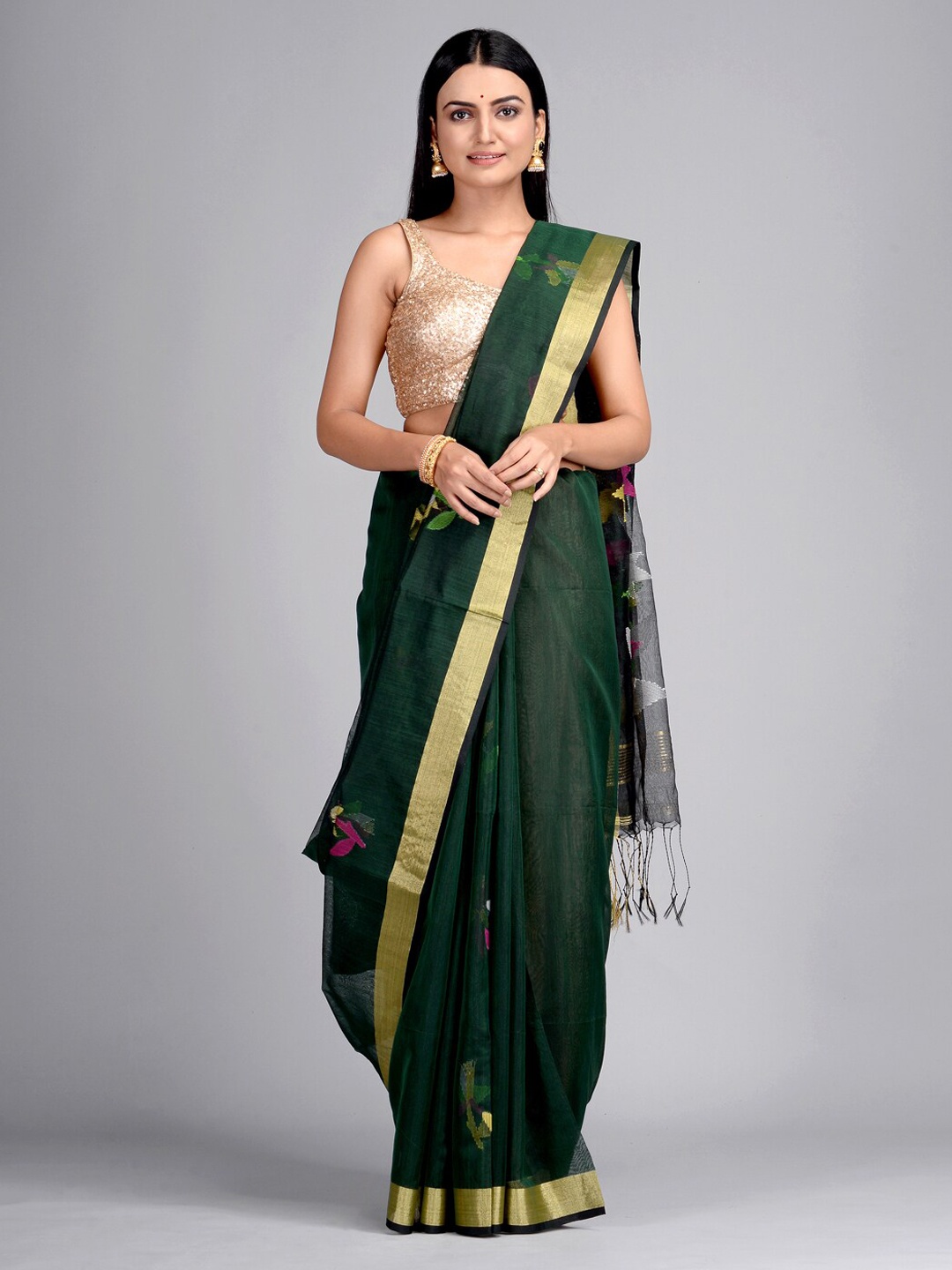 

Mitera Green Silk Blend Woven Design Taant Saree