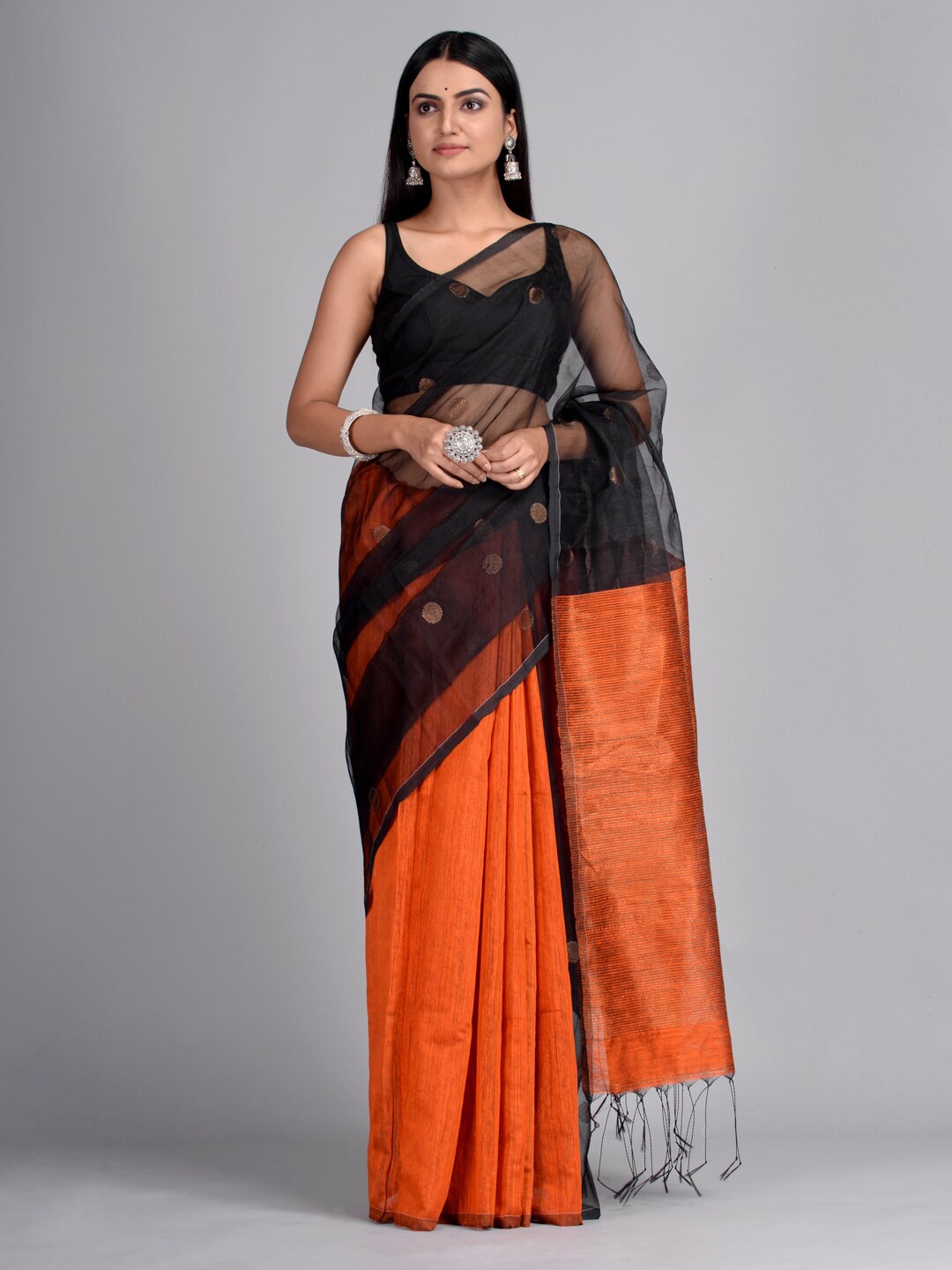 

Mitera Black & Orange Pure Silk Colourblocked Taant Saree