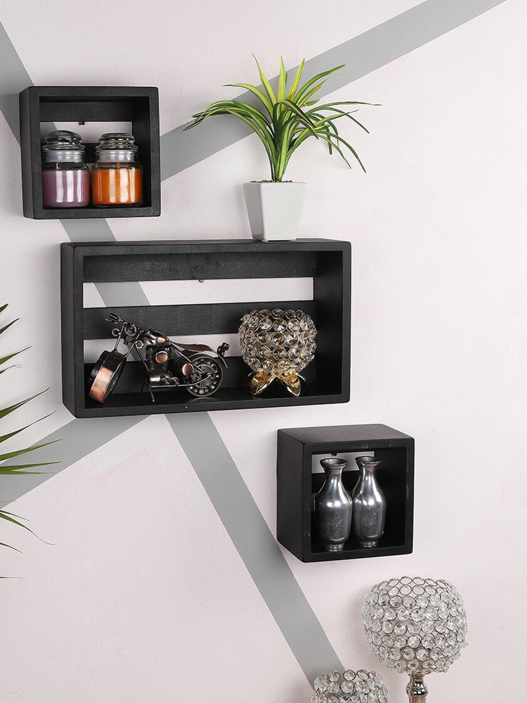 

Home Sparkle Set Of 3 Black MDF Handmade Basic Wall Shelves