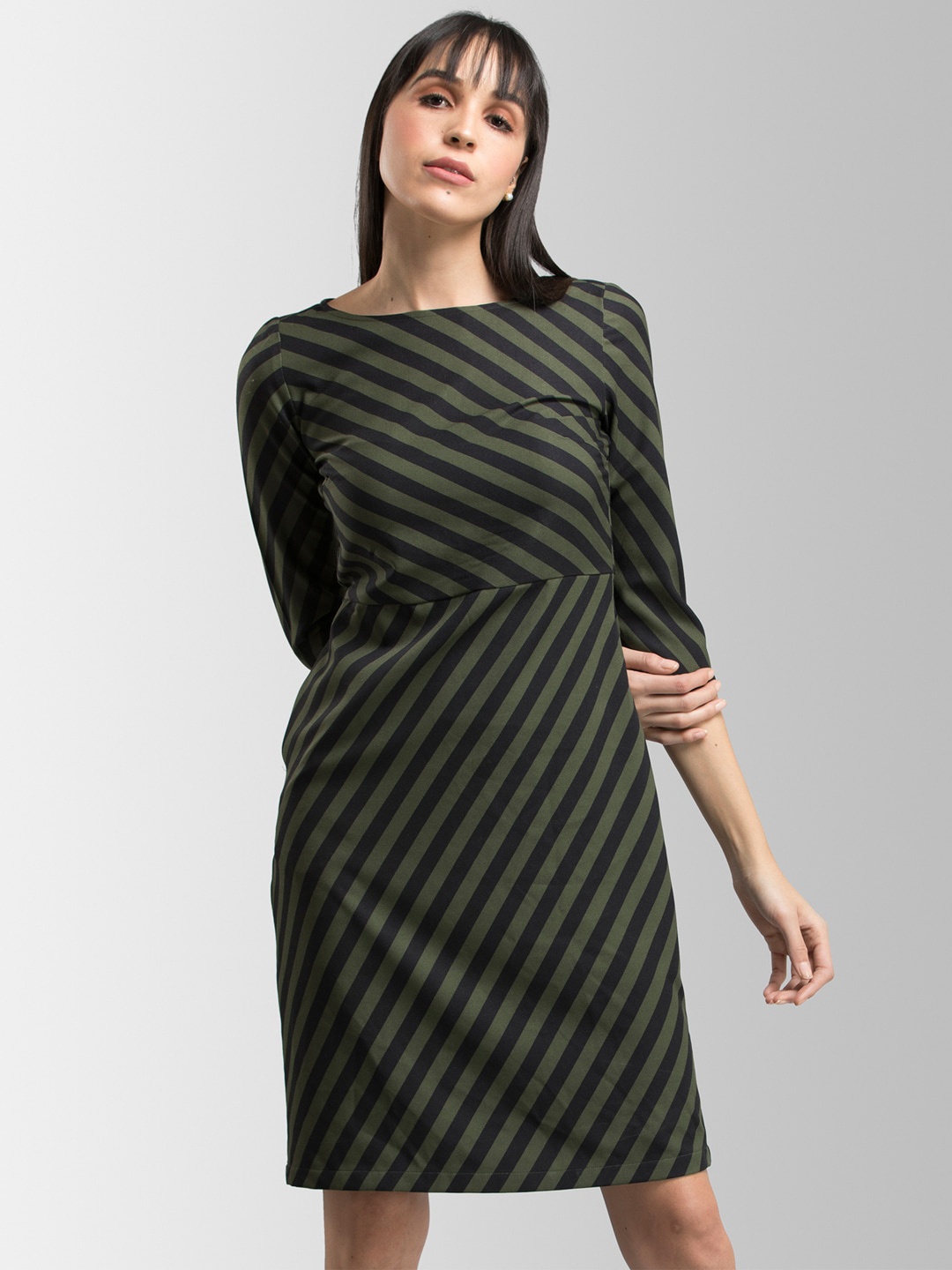 

FableStreet Women Olive Green Striped Sheath Dress