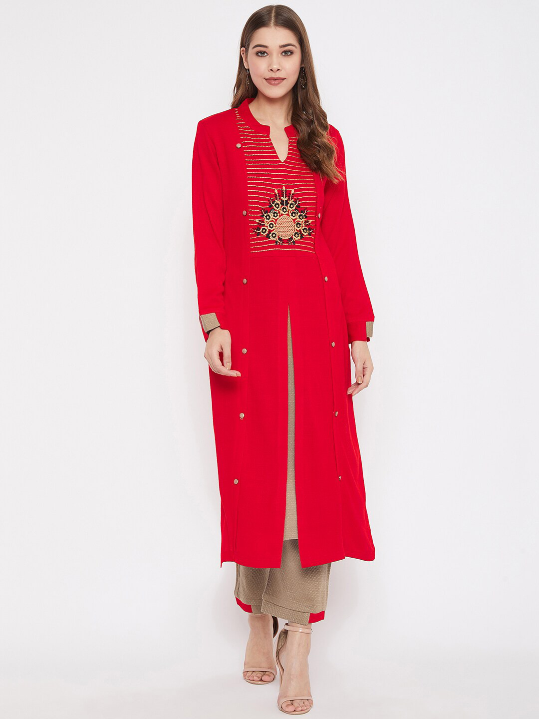 

Zigo Women Red & Brown Embroidered Kurta with Trousers