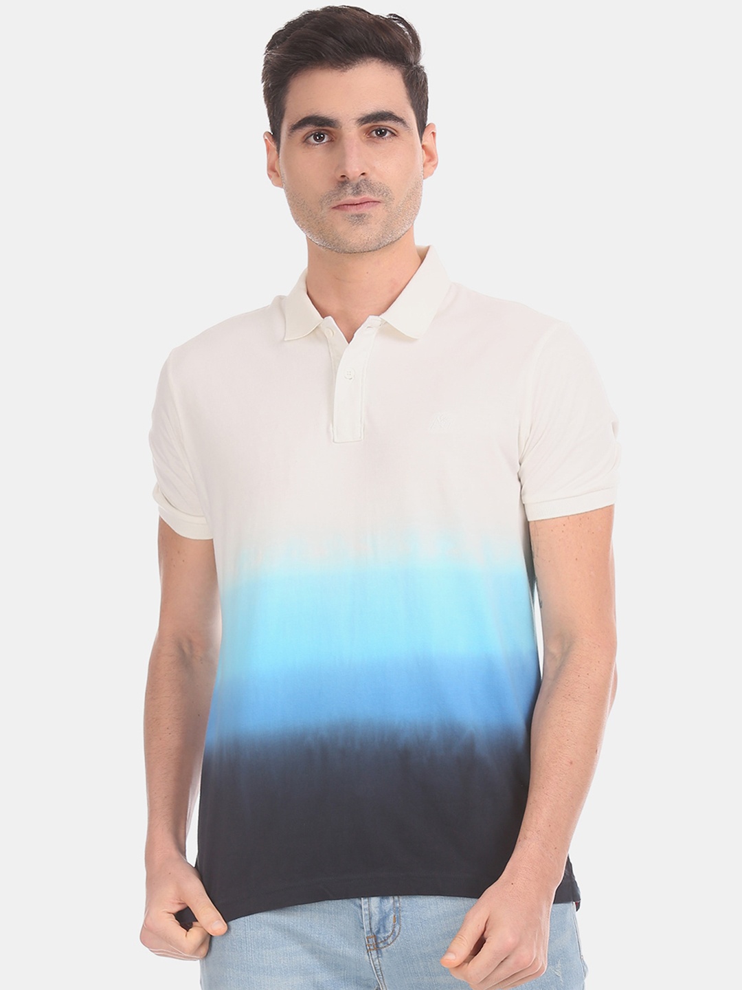 

Aeropostale Men Blue Off-White Dyed Polo Neck Pure Cotton T-shirt