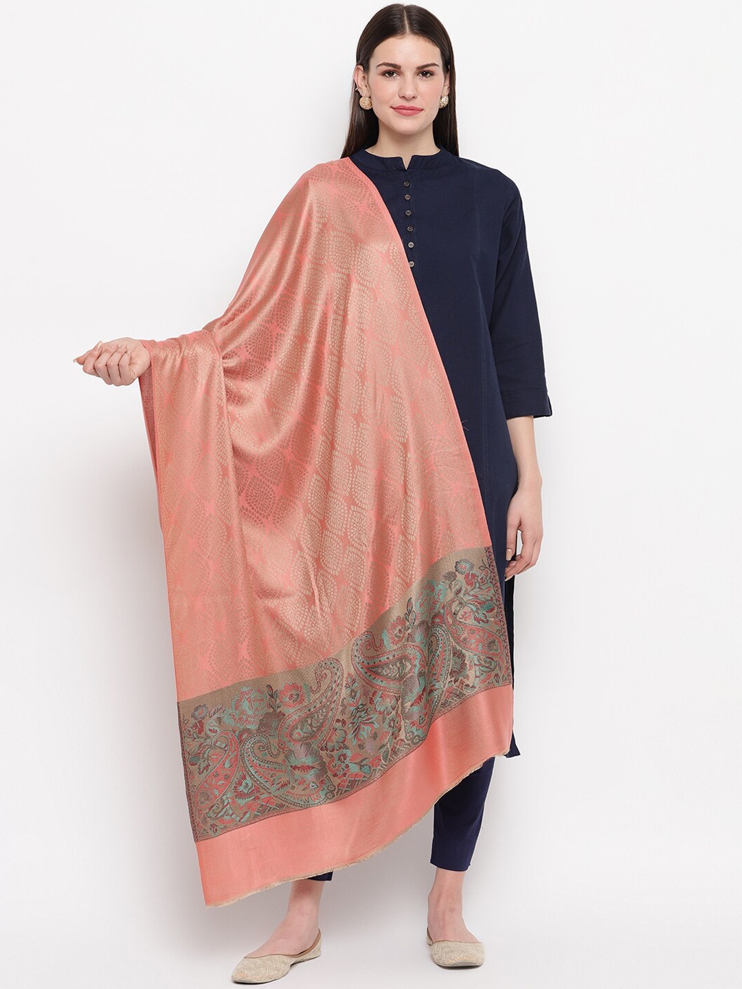 

Tossido Women Peach-Coloured & Gold-Coloured Woven Design Kashmiri Stole