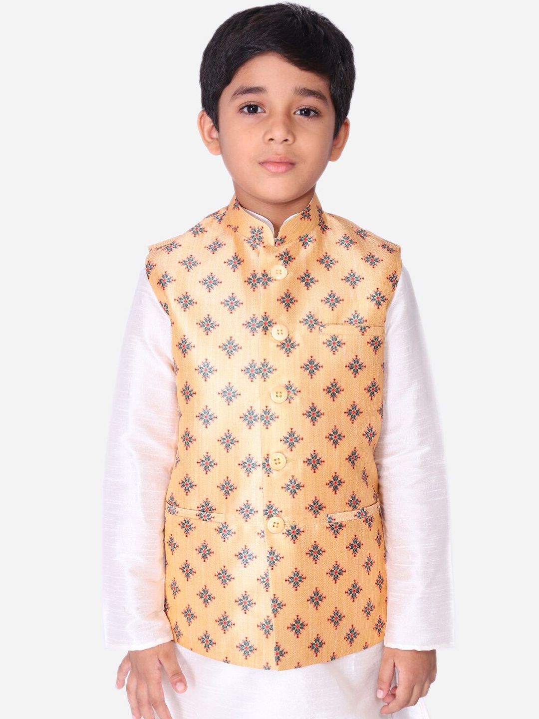 

NAMASKAR Boys Peach-Coloured & Blue Woven-Design Silk Nehru Jacket