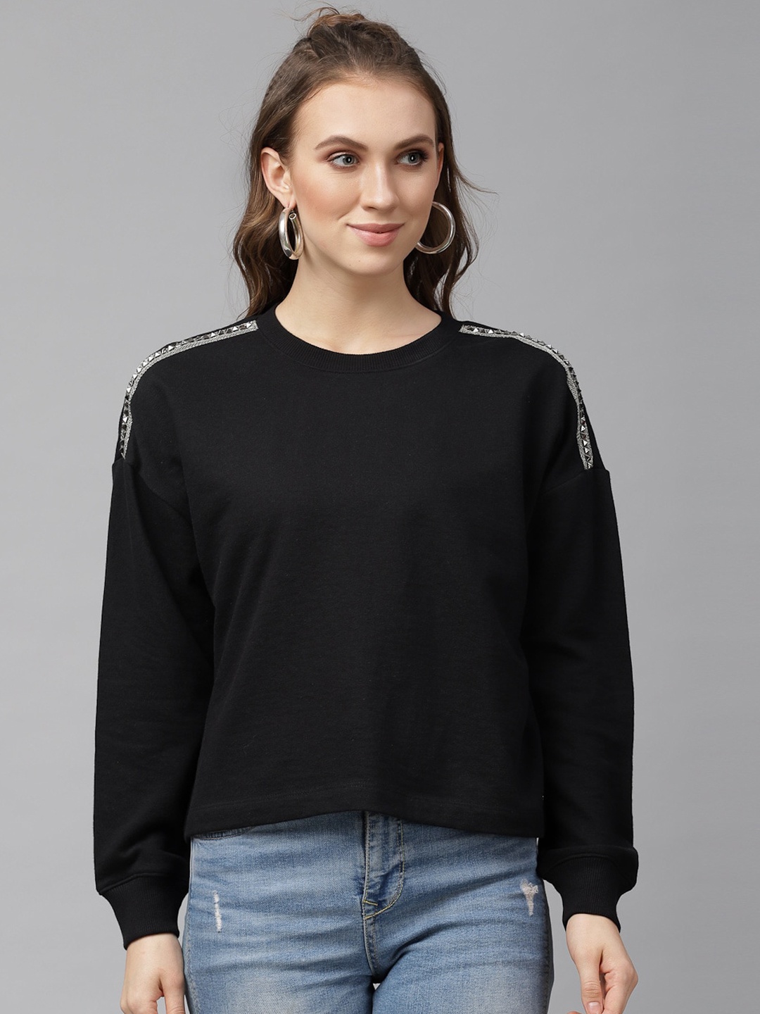 KASSUALLY Women Black Solid Sweatshirt