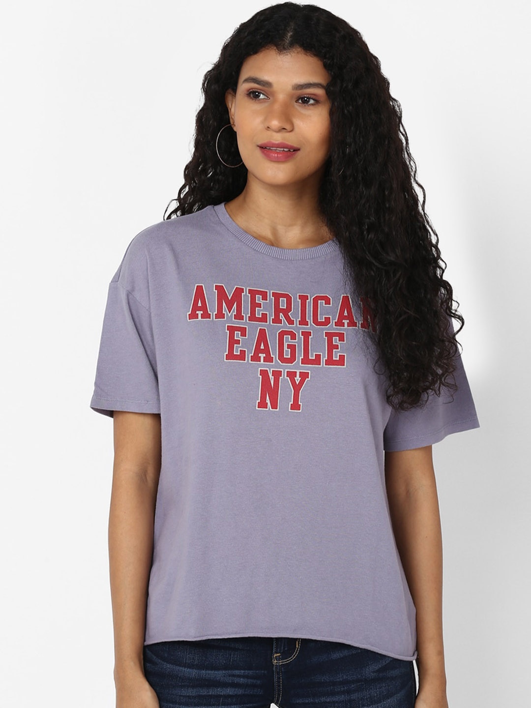 

AMERICAN EAGLE OUTFITTERS Women Violet Printed Round Neck Pure Cotton T-shirt