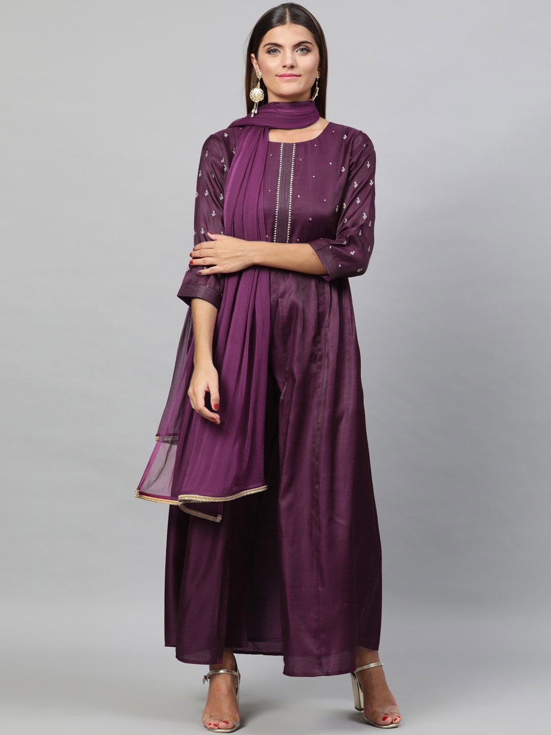 STREET 9 Women Purple Embroidered Kurta with Trousers & Dupatta
