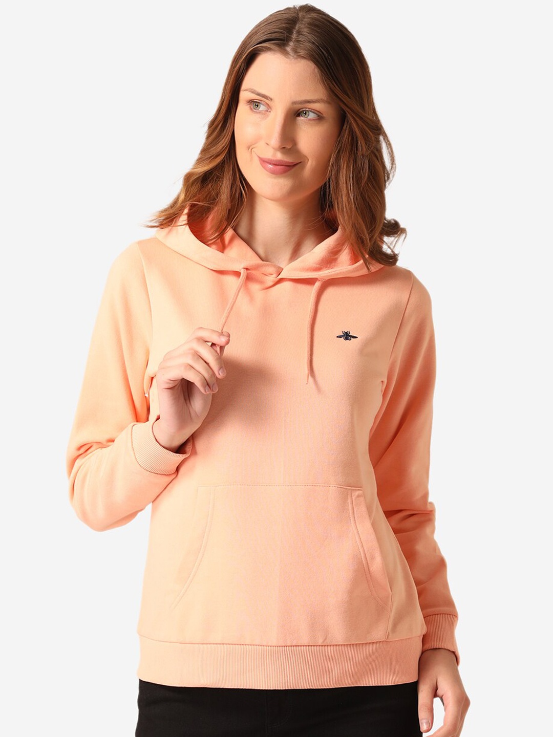 

Mode by Red Tape Women Peach-Coloured Solid Hooded Sweatshirt