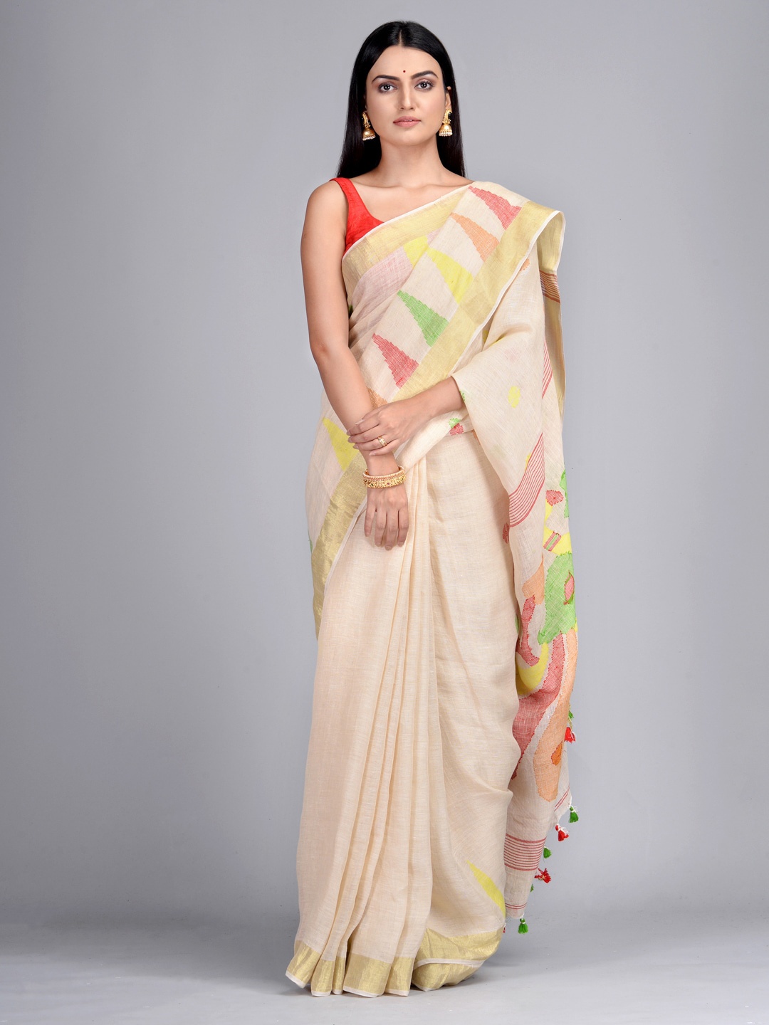 

Mitera Beige Pure Linen Solid Taant Saree