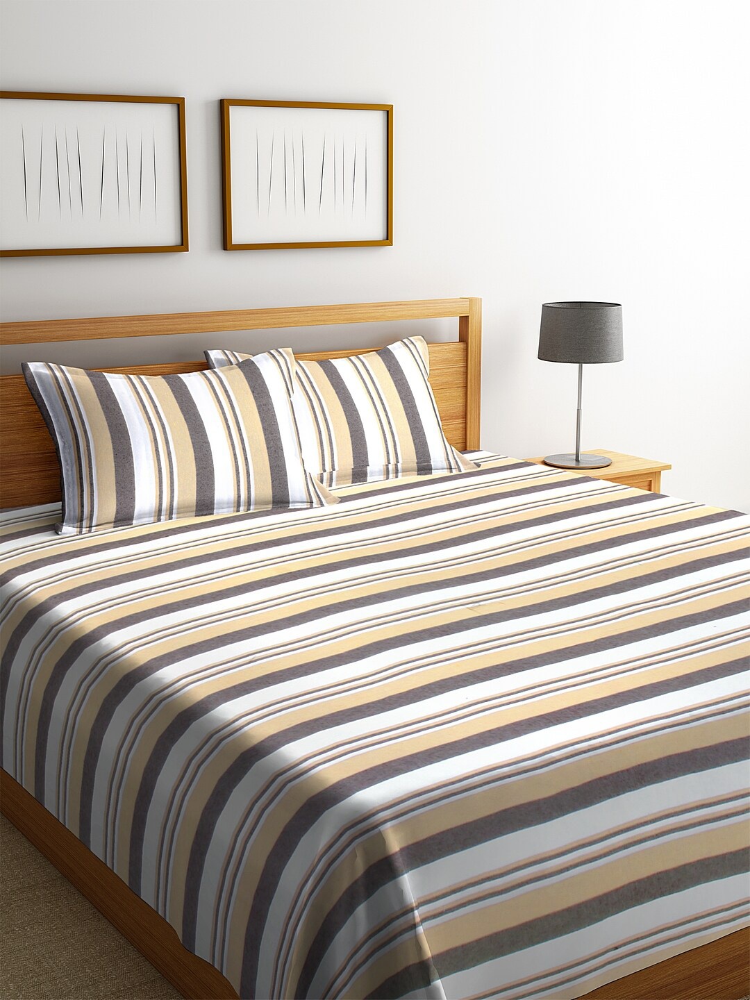 KLOTTHE Brown & White Striped Double King Bed Cover With 2 Pillow Covers
