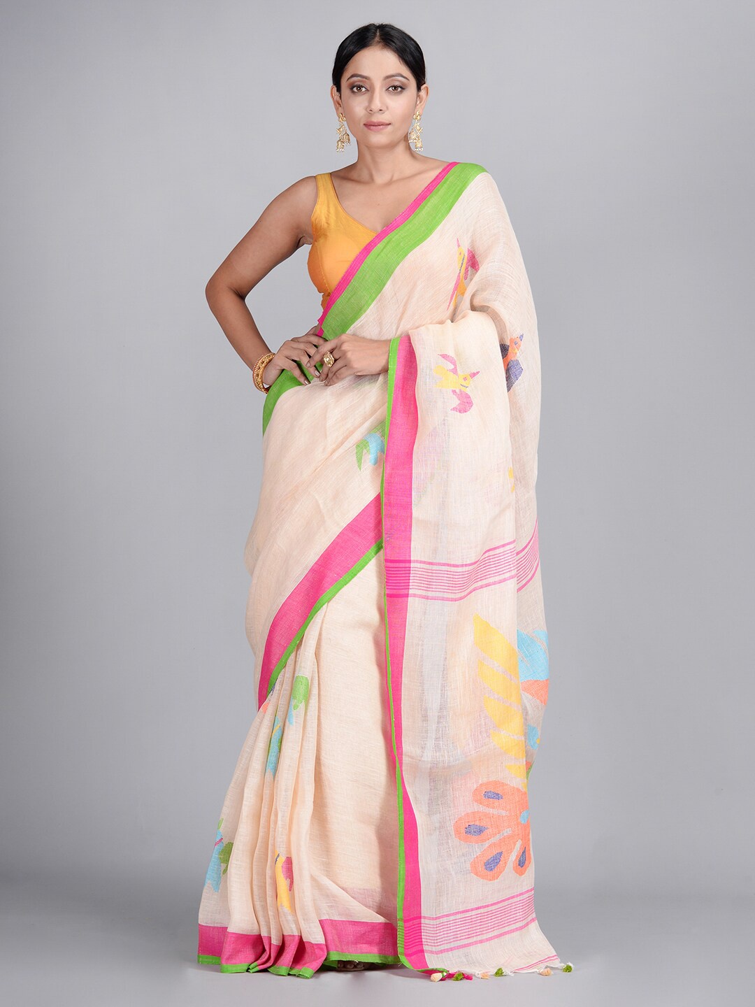 

Mitera Multicoloured Pure Linen Printed Taant Saree, Multi