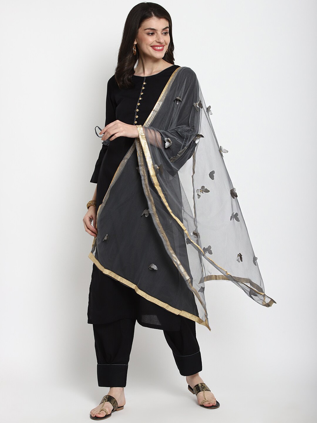 

Tulsattva Women Black Floral Regular Pure Cotton Kurta with Trousers & With Dupatta