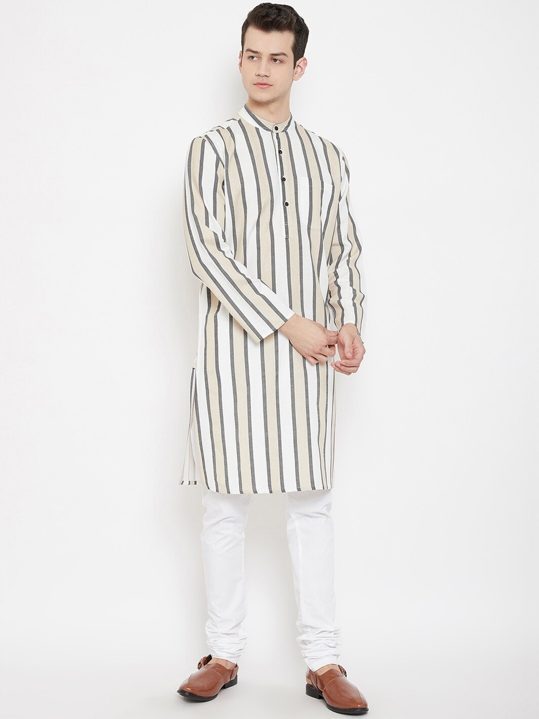 

even Men Multicoloured Striped Pathani Kurta, White