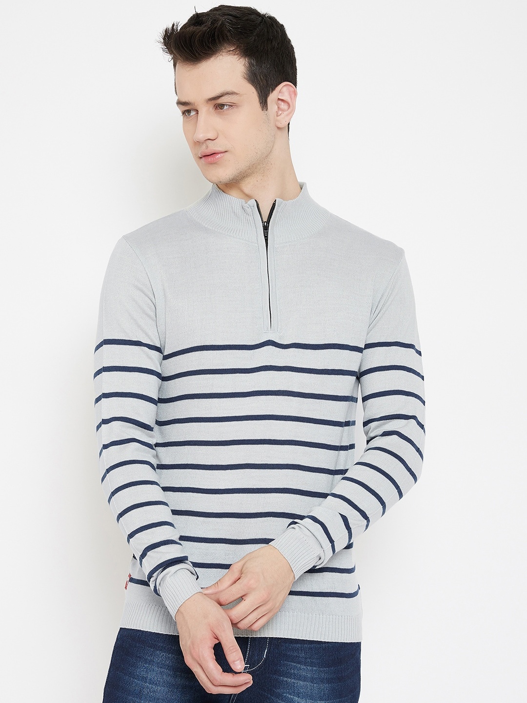 

JUMP USA Men Acrylic Grey Melange & Navy Blue Striped Pullover Sweater