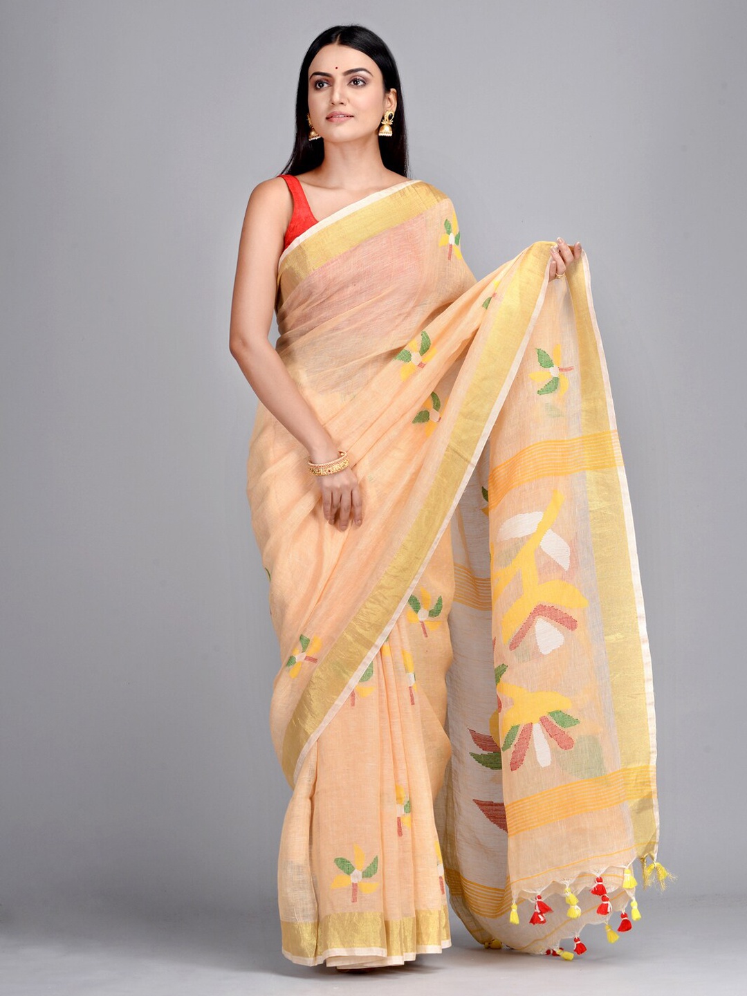 

Mitera Beige Pure Linen Printed Hand Woven Taant Saree
