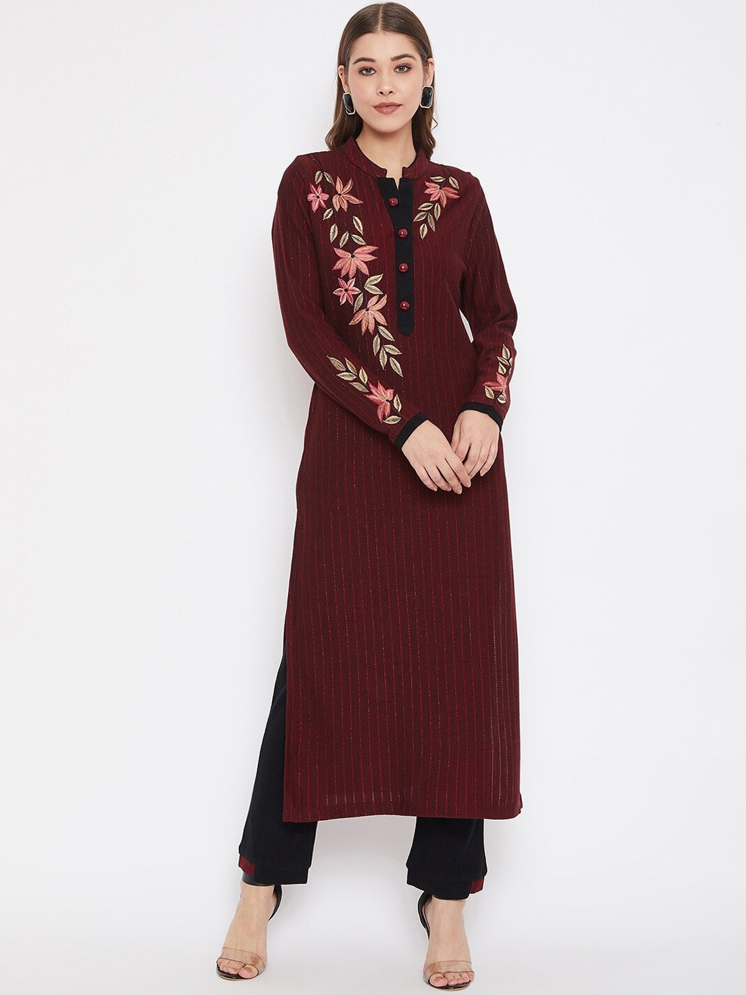 

Zigo Winter Wear Women Maroon & Black Striped Kurta with Trousers