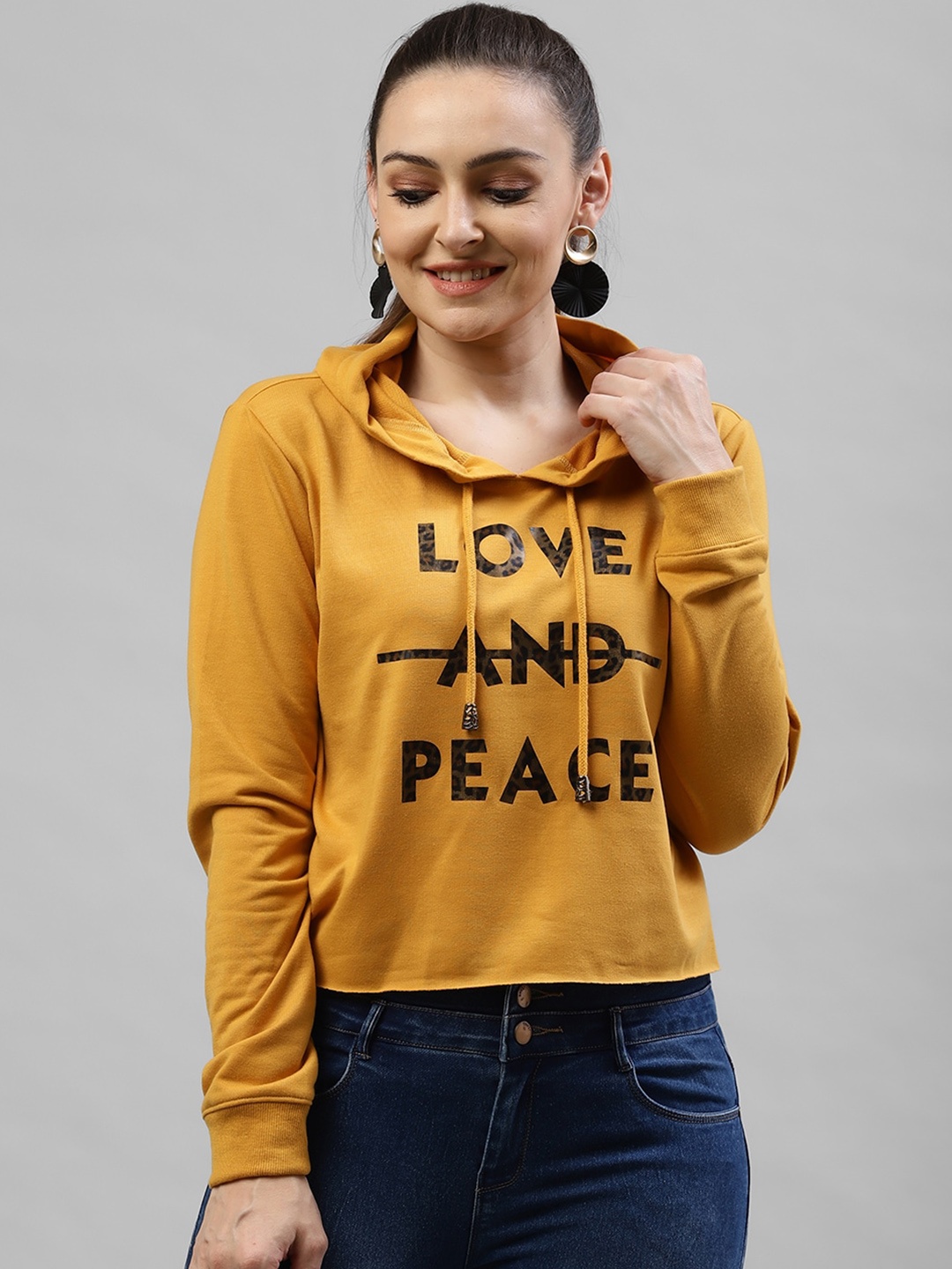 

KASSUALLY Women Yellow Printed Hooded Sweatshirt