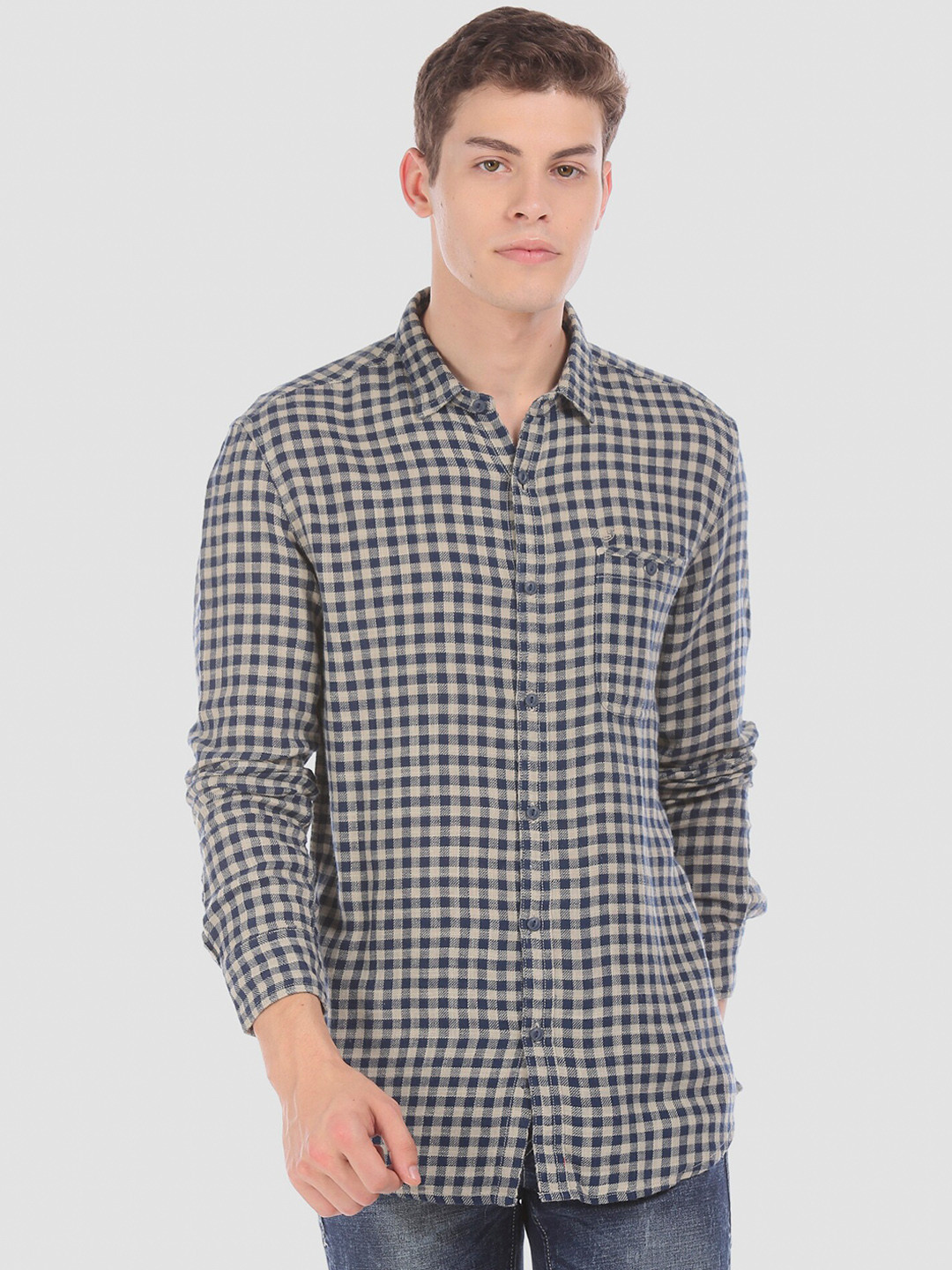 

Ed Hardy Men Cream-Coloured & Navy Blue Regular Fit Checked Casual Shirt