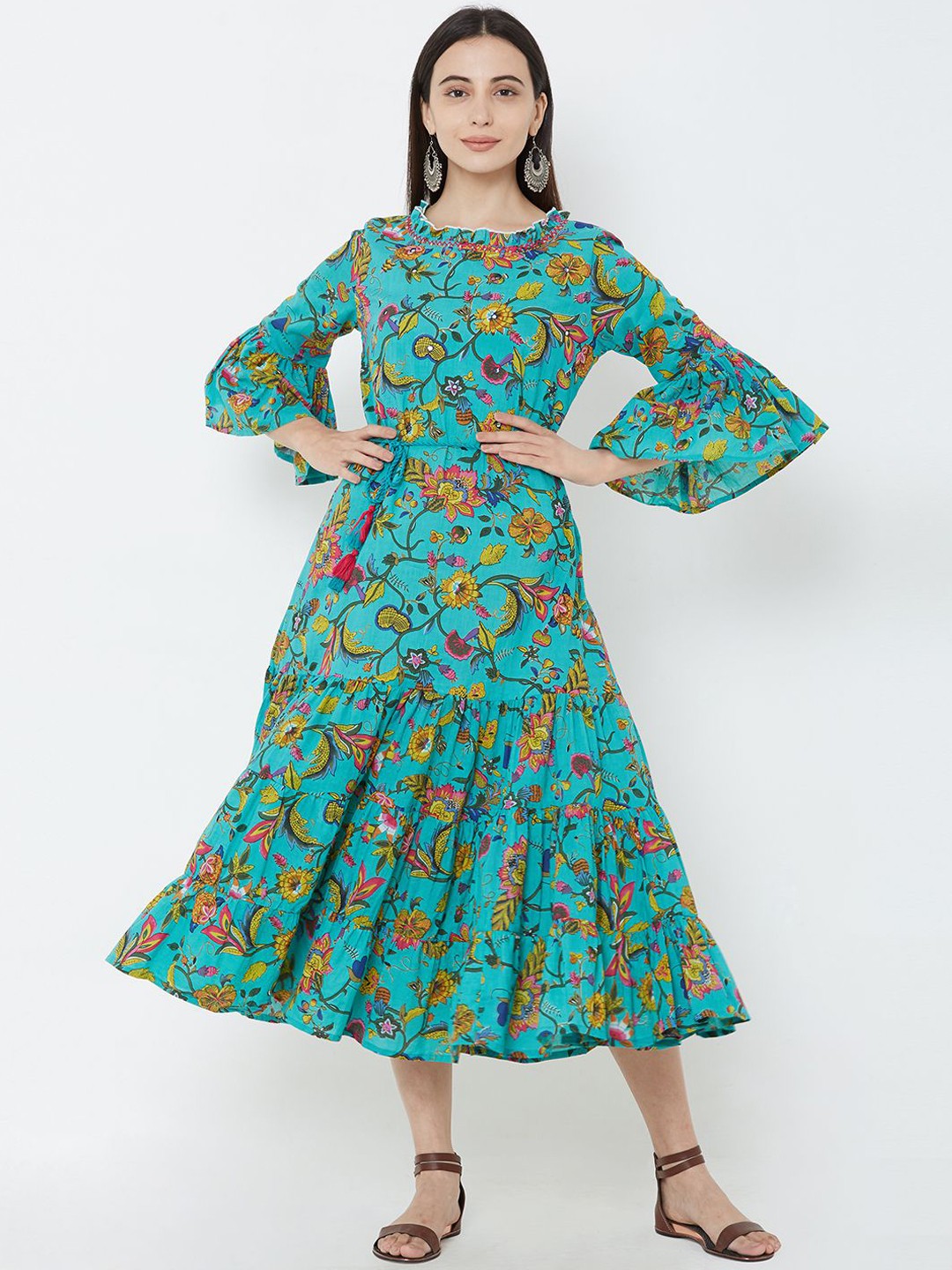 

FASHOR Women Sea Green Floral Printed Fit and Flare Ethnic Dress
