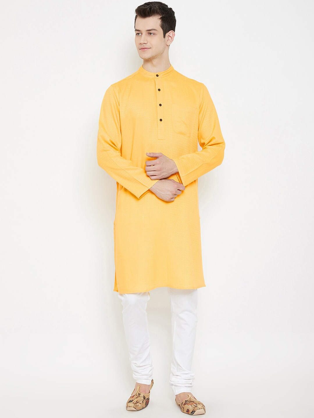 

even Men Yellow Woven Design Straight Kurta