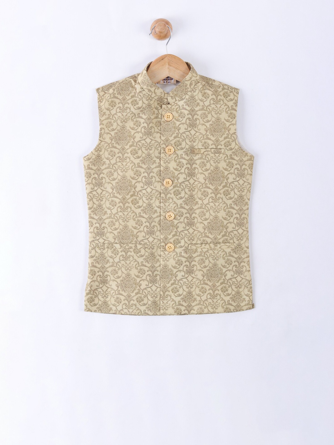 

NAMASKAR Boys Beige & Brown Woven-Design Silk Nehru Jacket