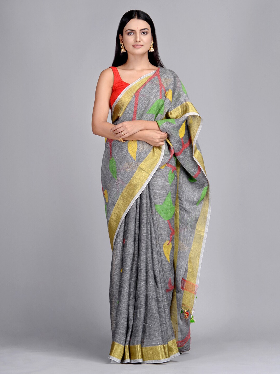 

Mitera Grey & Gold-Toned Pure Linen Woven Design Taant Saree