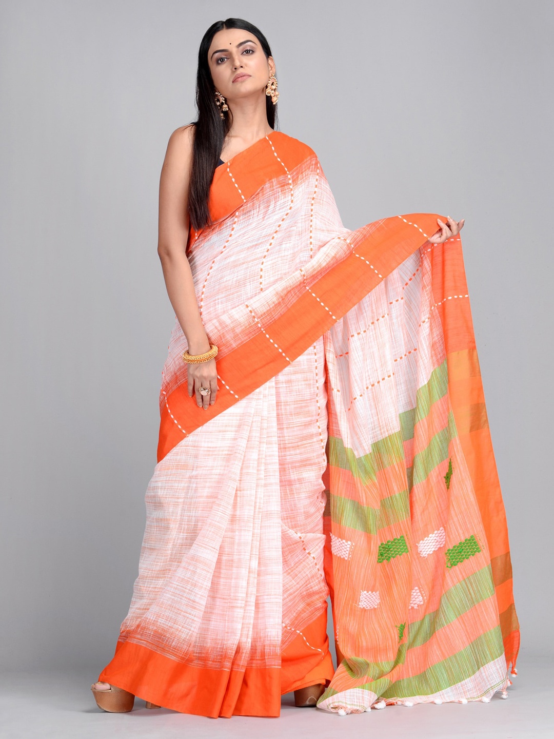 Mitera Orange Pure Cotton Solid Taant Saree