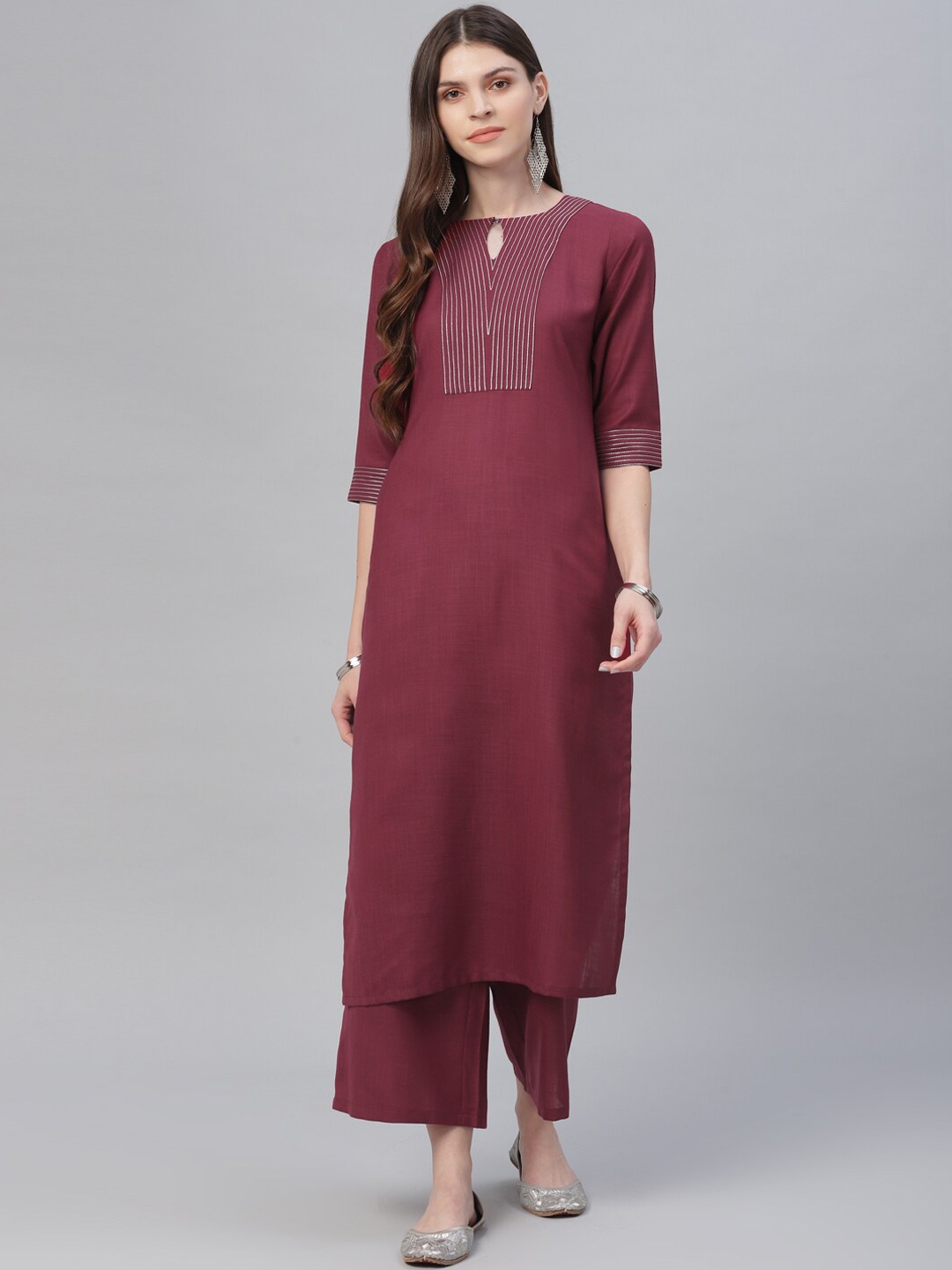 GERUA Women Maroon Self Design Kurta with Palazzos