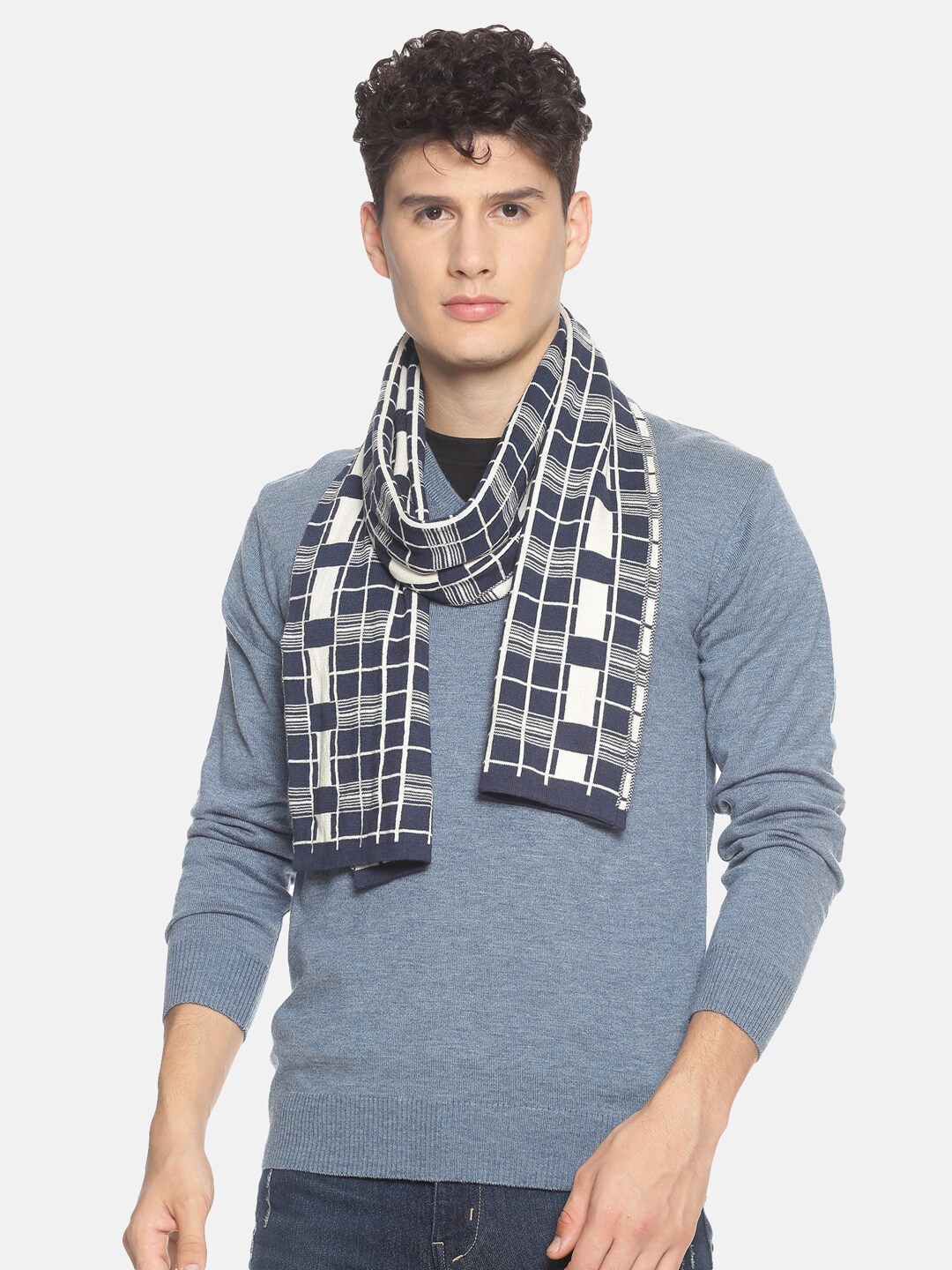 

513 Men Blue & White Checked Muffler, Navy blue