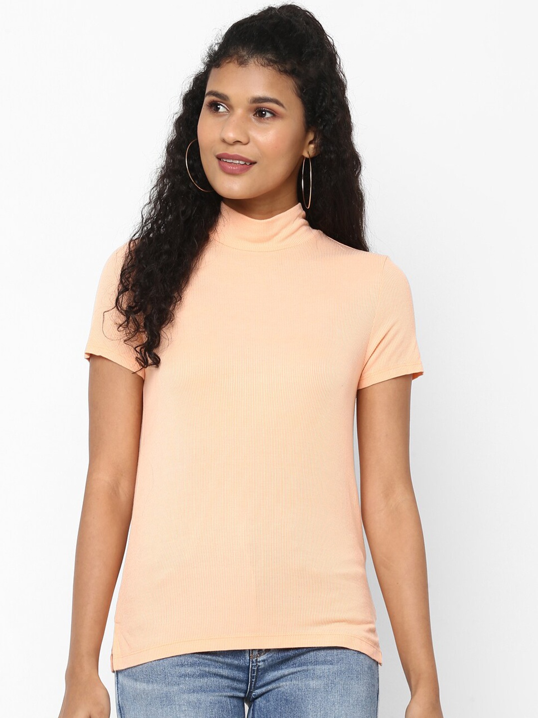 

AMERICAN EAGLE OUTFITTERS Women Peach-Coloured Solid High Neck T-shirt