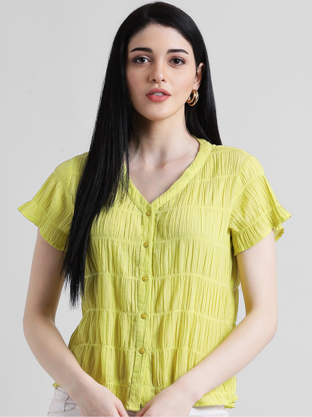 

Zink London Women Lime Green Solid Shirt Style Pure Cotton Top