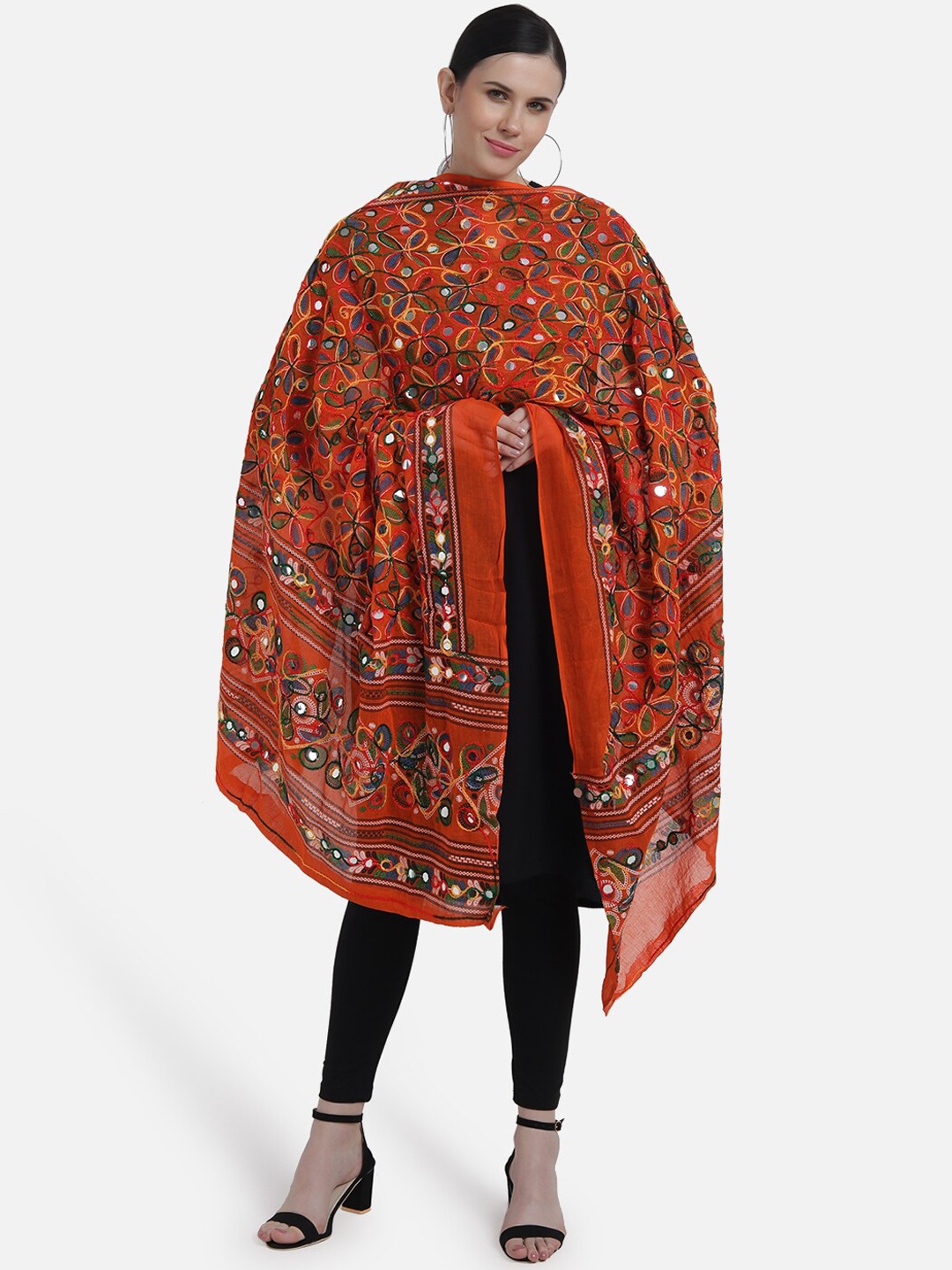 

Vastraa Fusion Women Orange Embroidered Aari Work Pure Cotton Dupatta