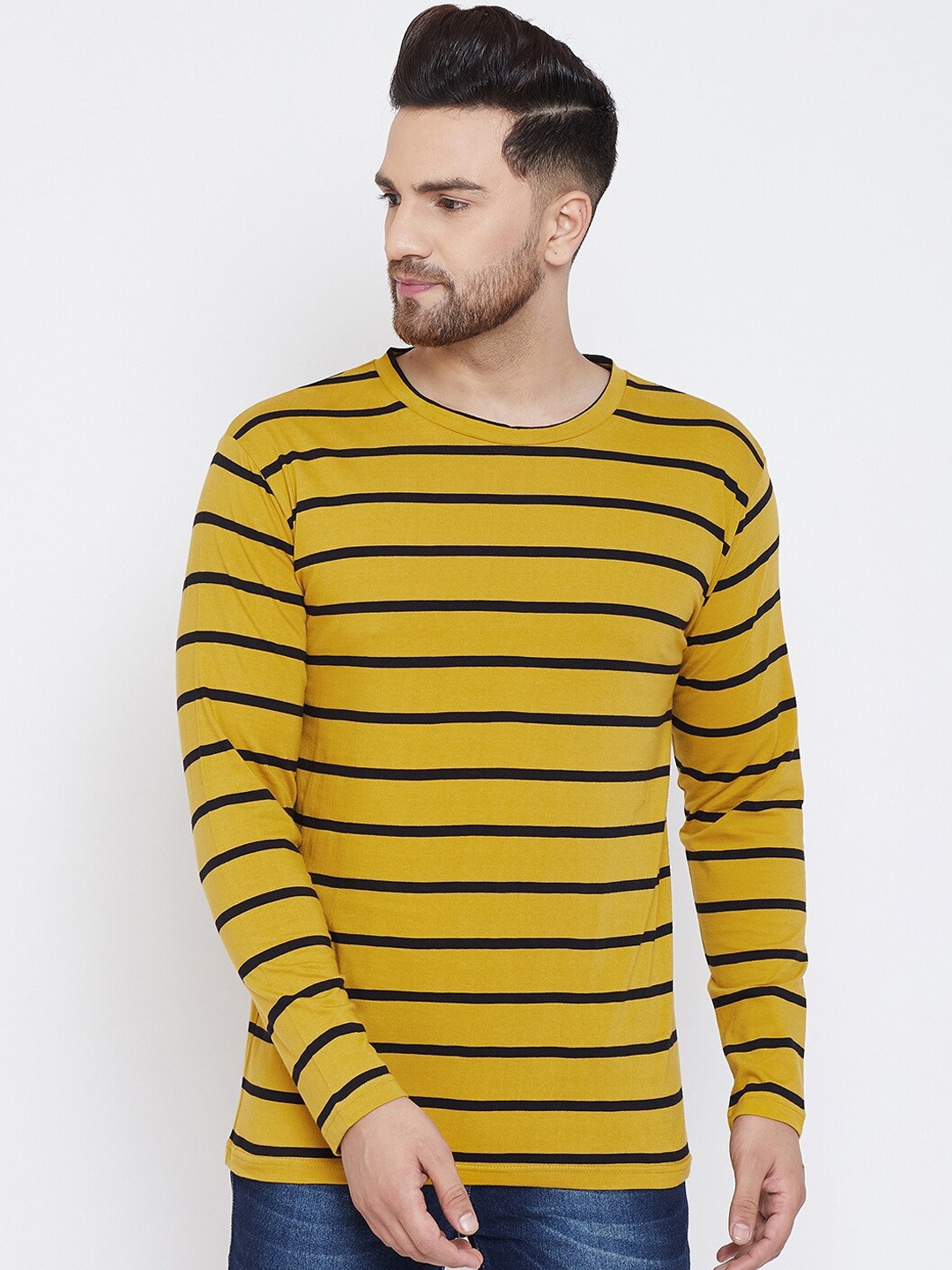 

Hypernation Men Yellow & Black Striped Round Neck T-shirt