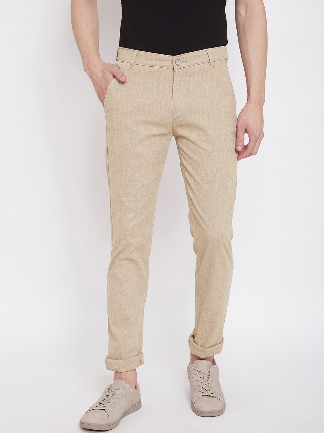 Crimsoune Club Men Beige Slim Fit Solid Regular Trousers