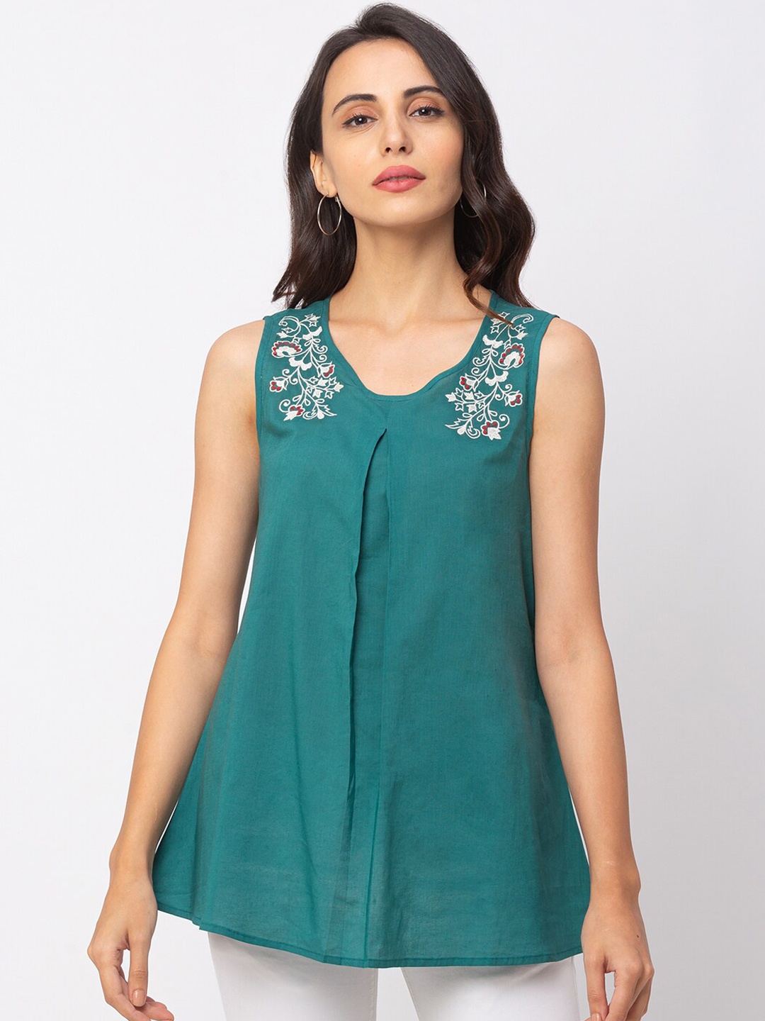 

Globus Women Teal Green Embroidered A-Line Top