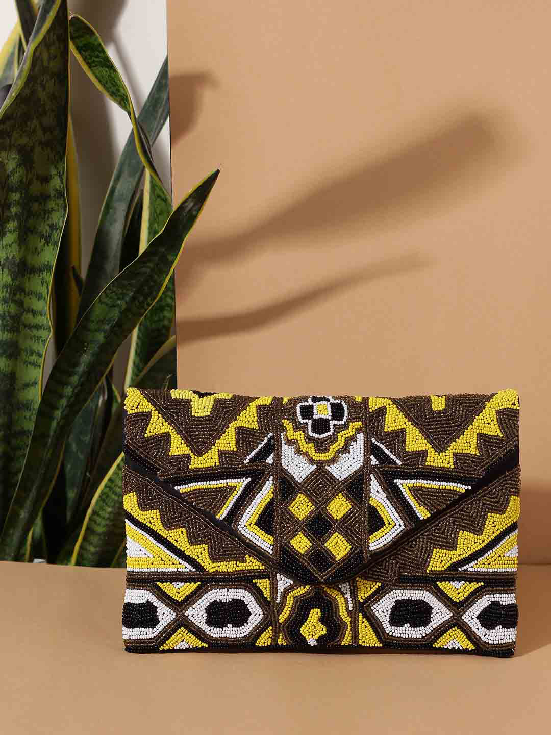 

STREET 9 Women Yellow & Black Embellished Envelope Clutch