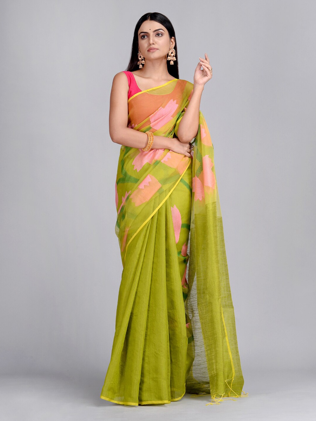 

Mitera Green & Pink Pure Silk Printed Taant Saree