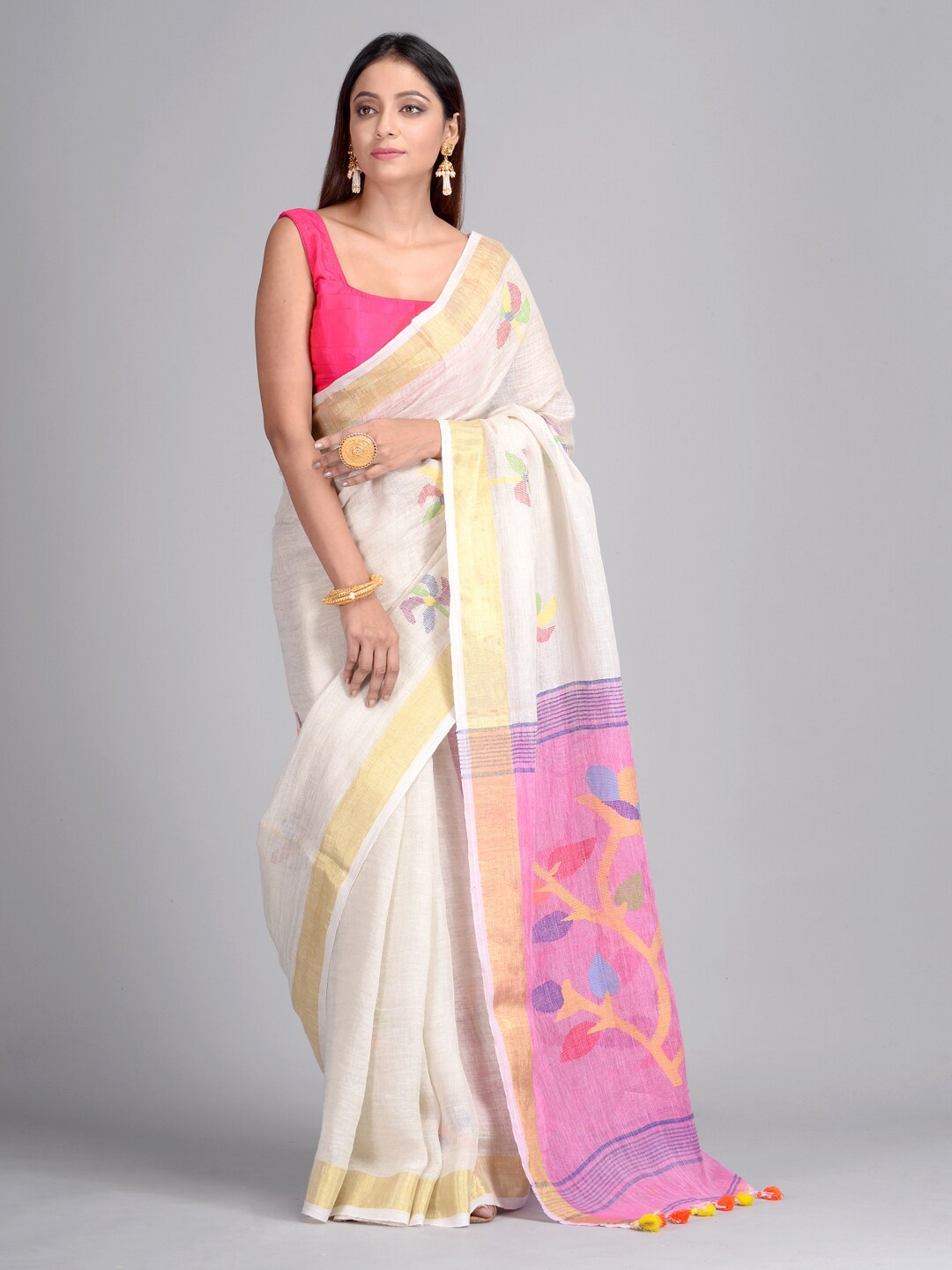 

Mitera White & Purple Pure Linen Woven Design Taant Saree